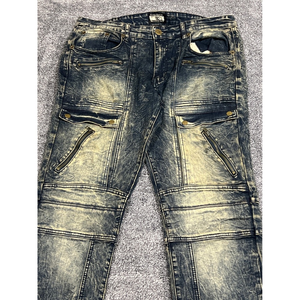 Gray Earth NY Mens 36 Acid Wash Biker Moto Jeans Blue Yellow Cargo Zipper Denim